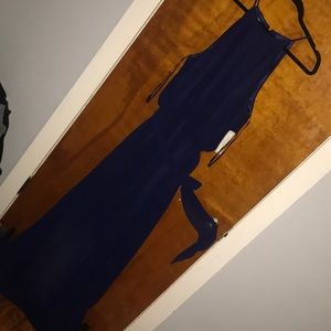 Navy blue chiffon high neck dress with tie